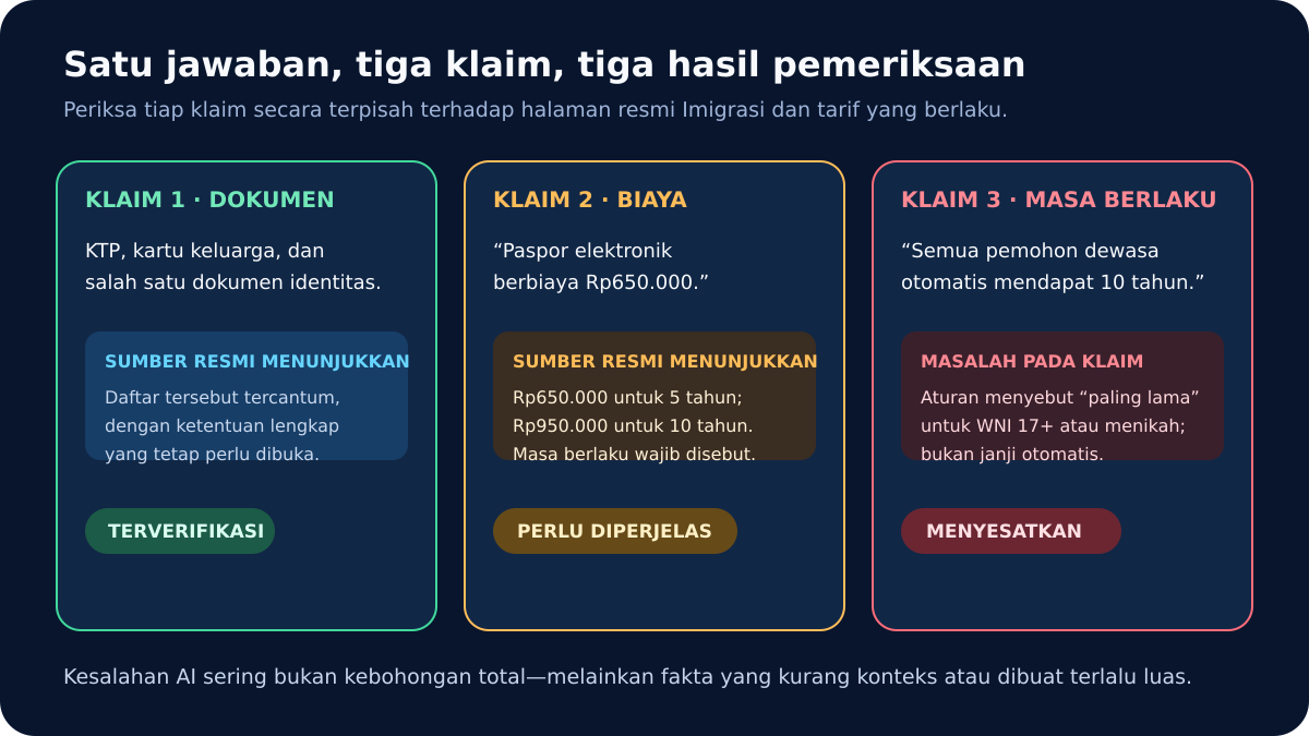 Tiga klaim paspor diperiksa terpisah: dokumen terverifikasi, biaya perlu diperjelas, dan masa berlaku menyesatkan.
