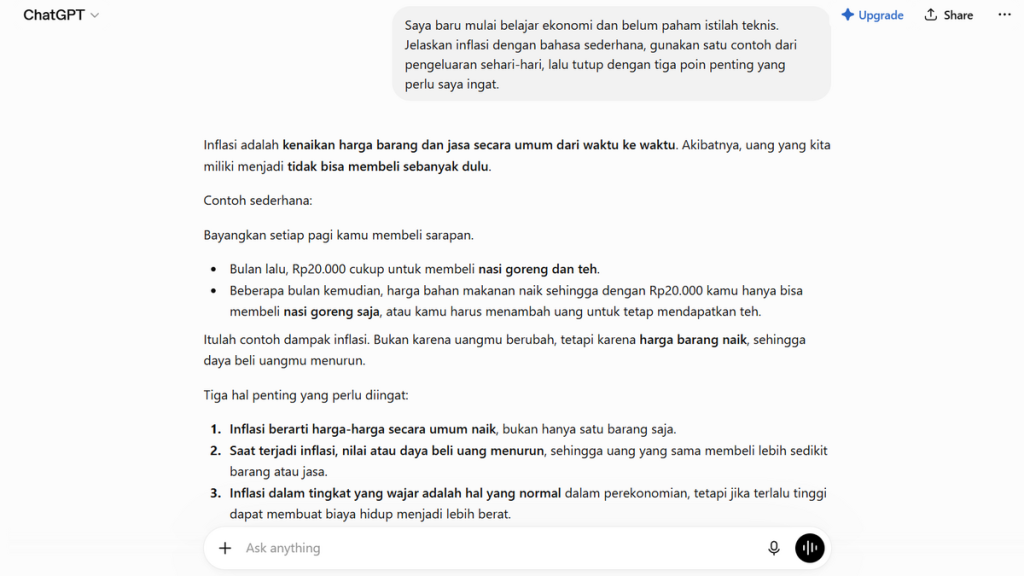 Contoh prompt inflasi dengan konteks pemula dan pola respons yang lebih jelas