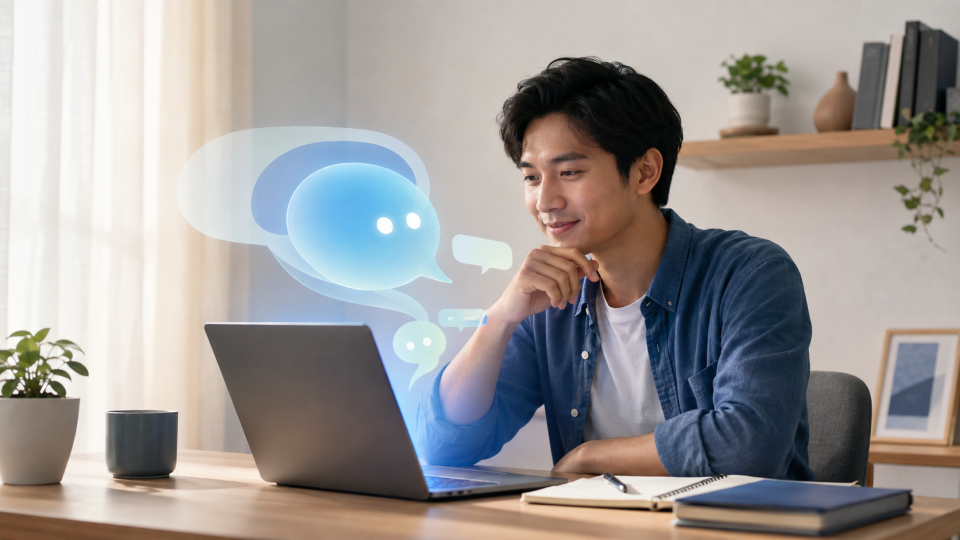 Pemula mulai menggunakan asisten AI melalui laptop di meja belajar